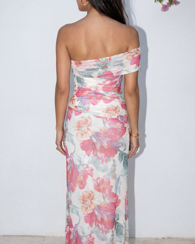 Pink Multi One Shoulder Mesh Maxi Dress