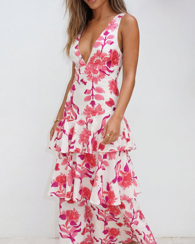 Pink Multi Floral Tiered Maxi Dress