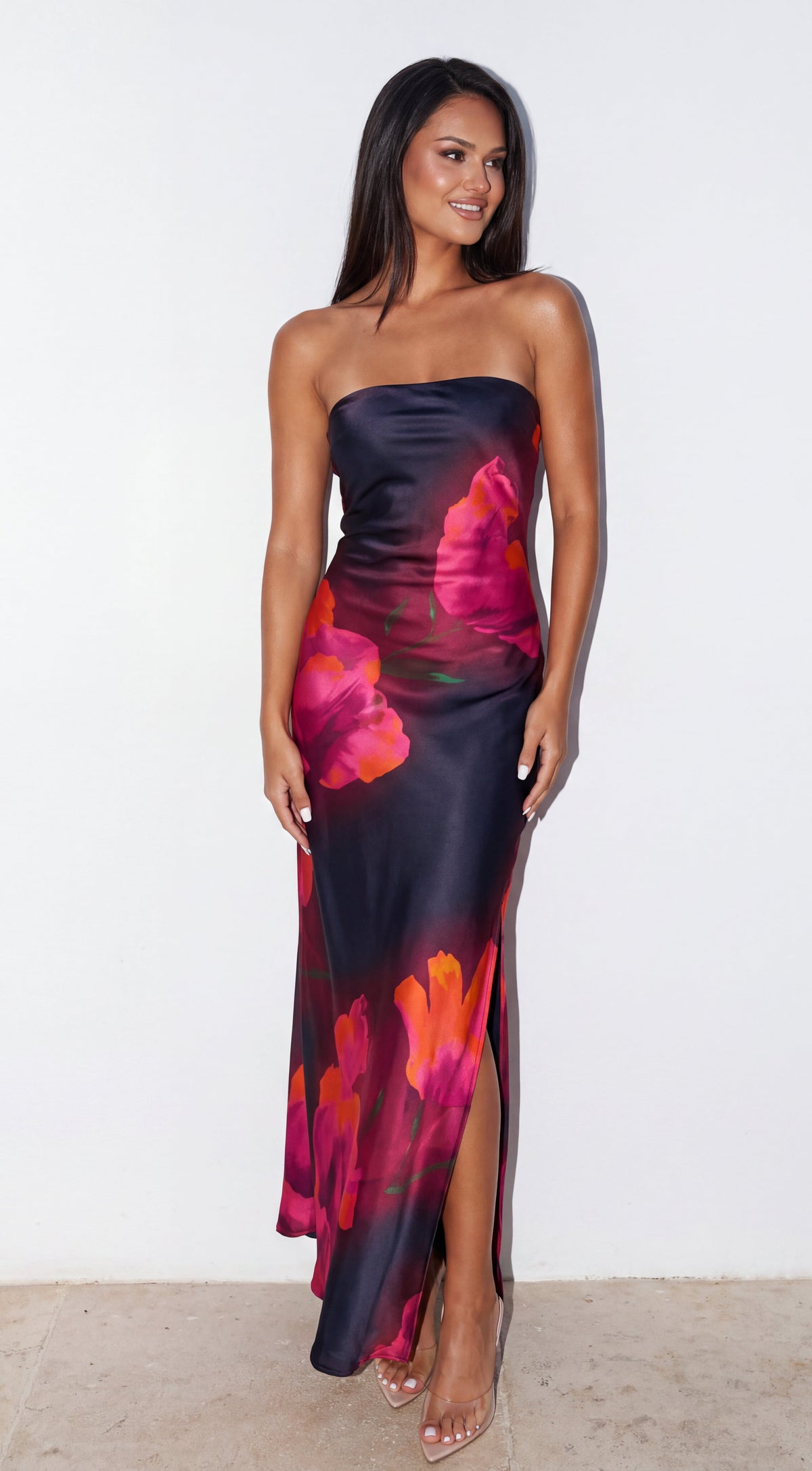 Black Multi Floral Strapless Maxi Dress