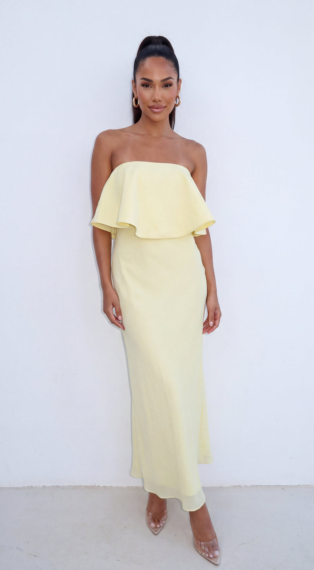 Yellow Ruffle Strapless Maxi Dress