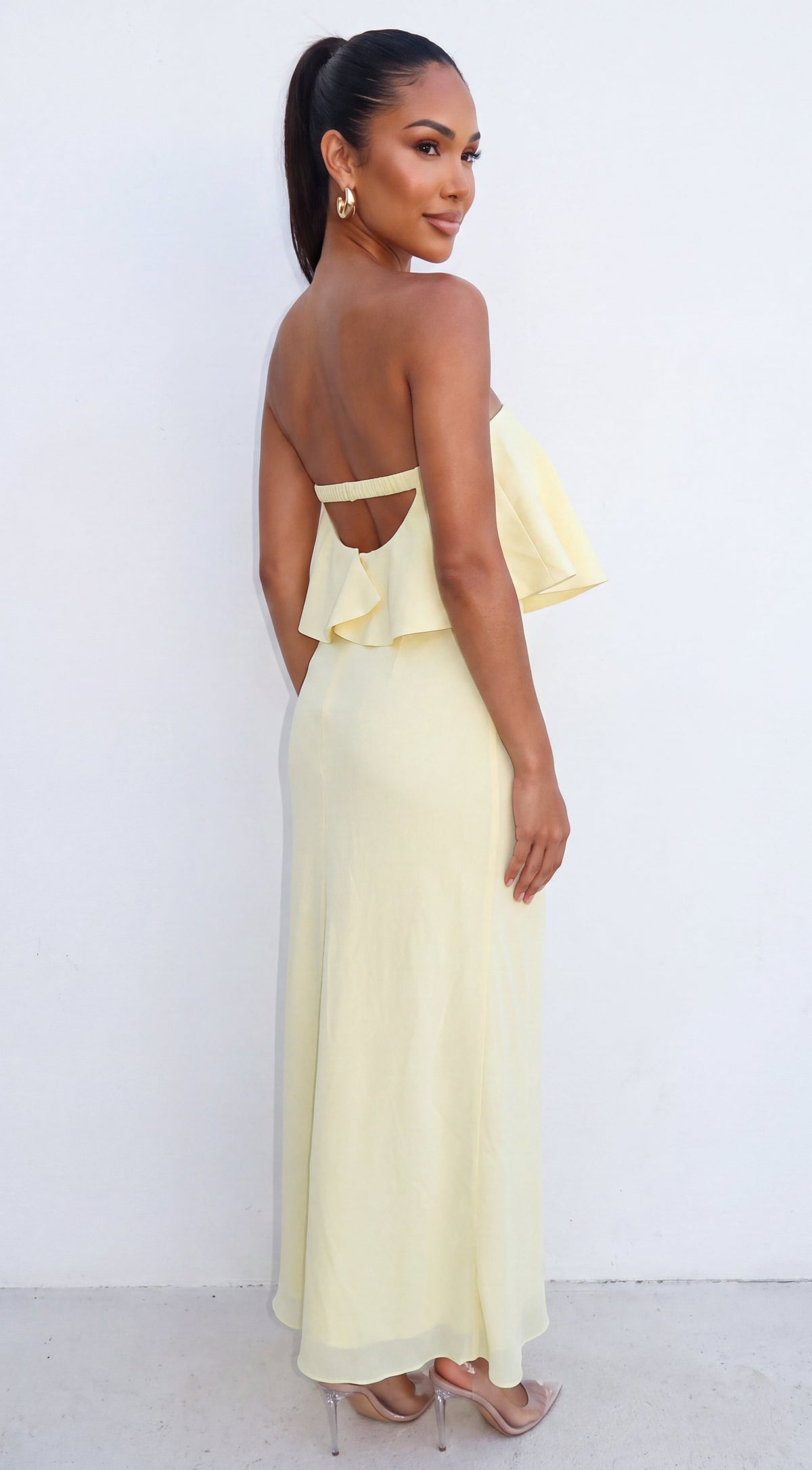 Yellow Ruffle Strapless Maxi Dress