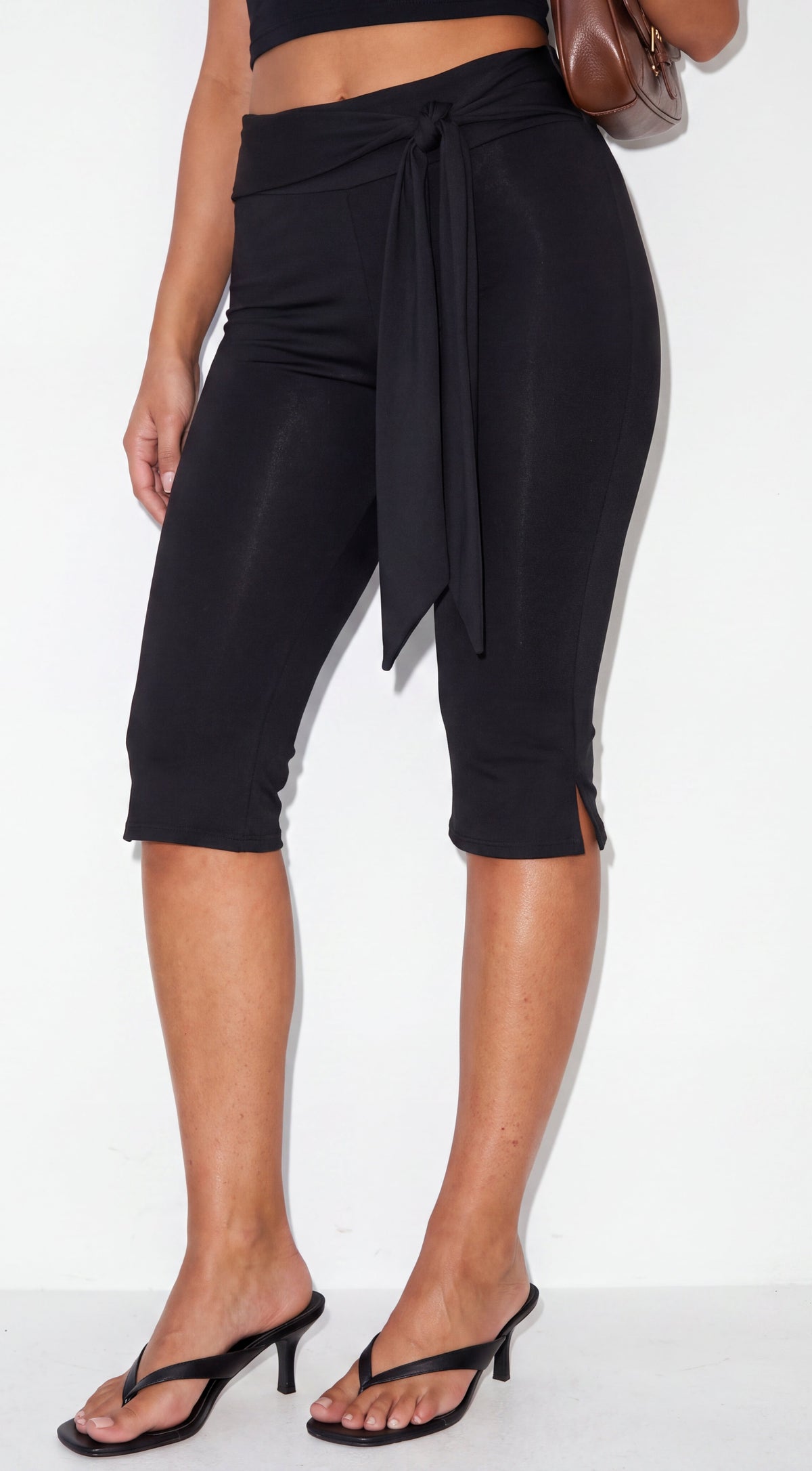 Black Side Tie Capri Leggings