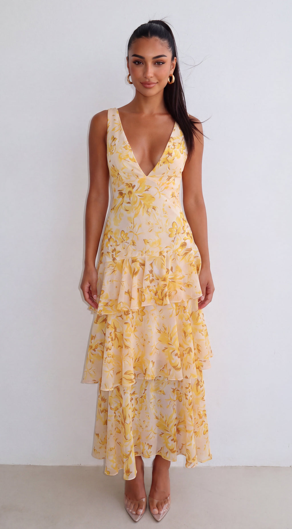 Yellow Multi Floral Ruffle Midi Dress