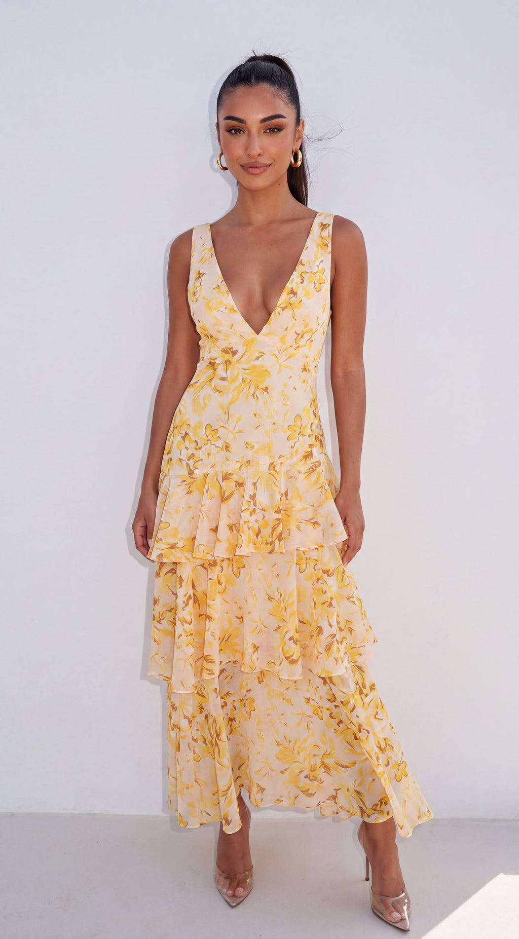 Yellow Multi Floral Ruffle Midi Dress