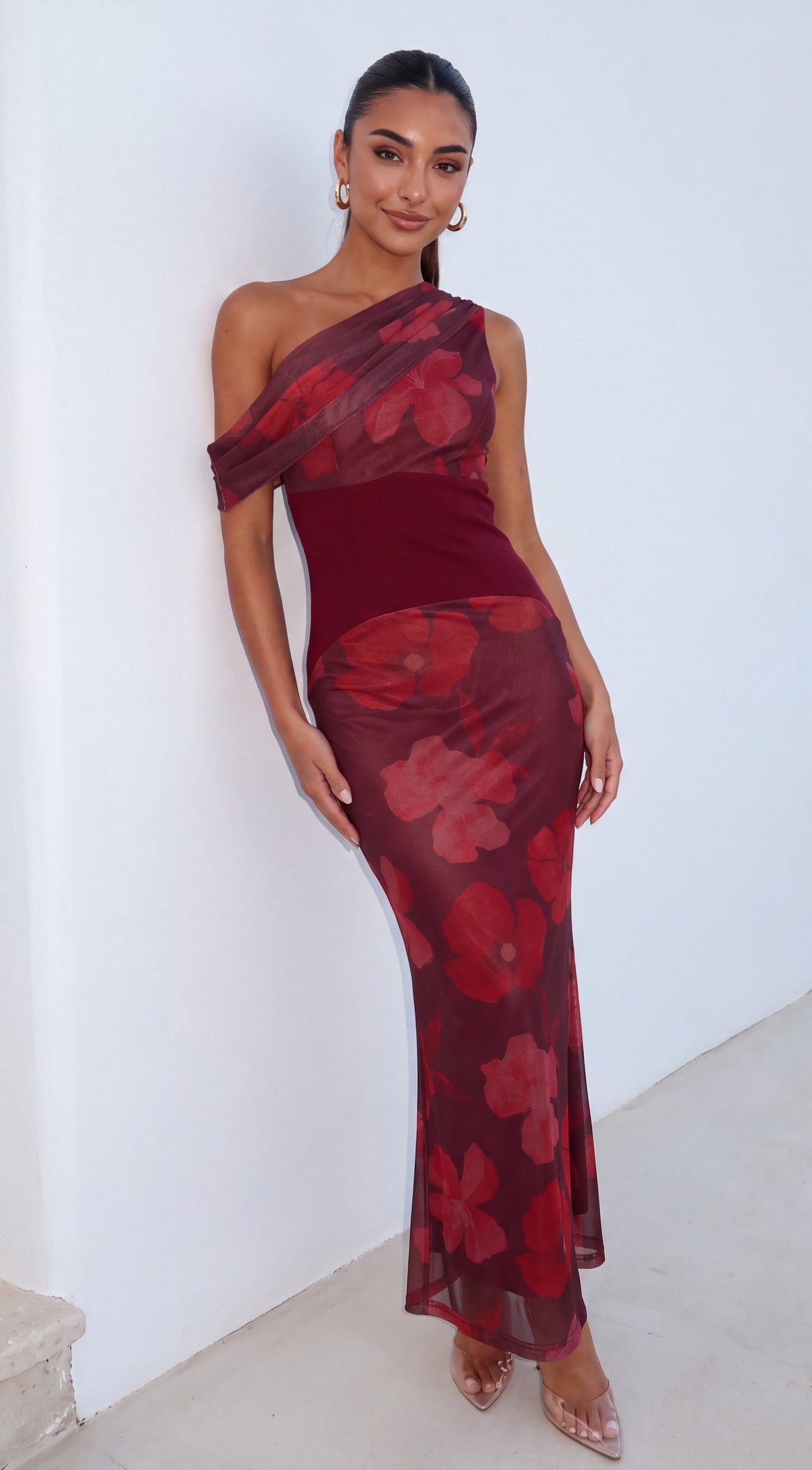 Burgundy Floral One Shoulder Maxi Dress