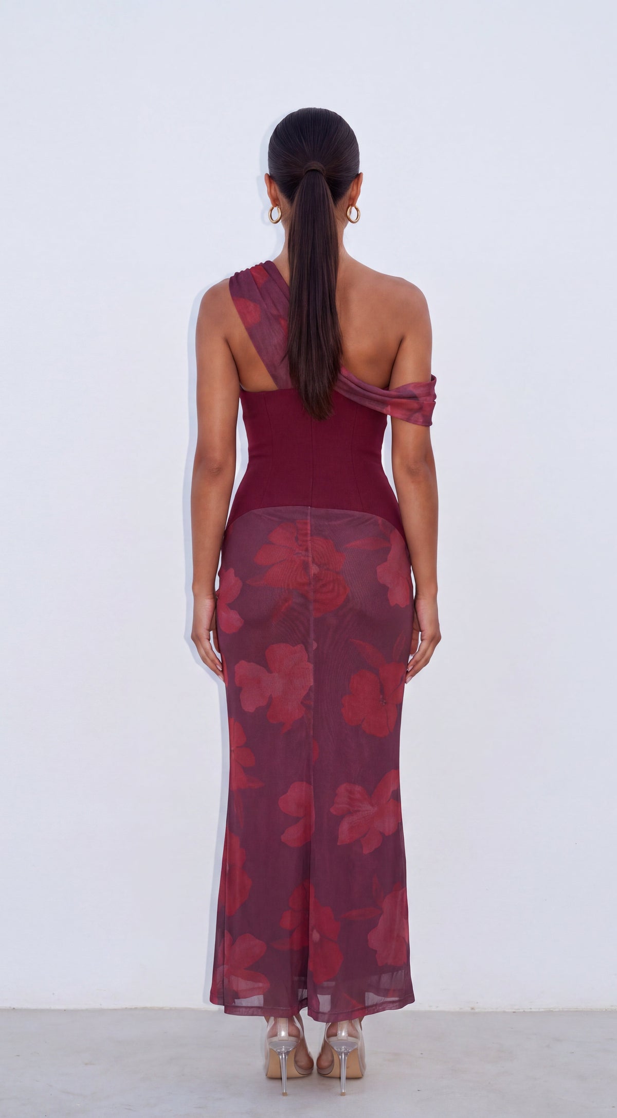 Burgundy Floral One Shoulder Maxi Dress