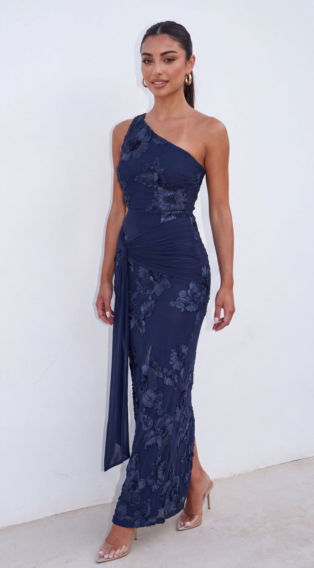 Navy Blue Embroidered Cutout Maxi Dress