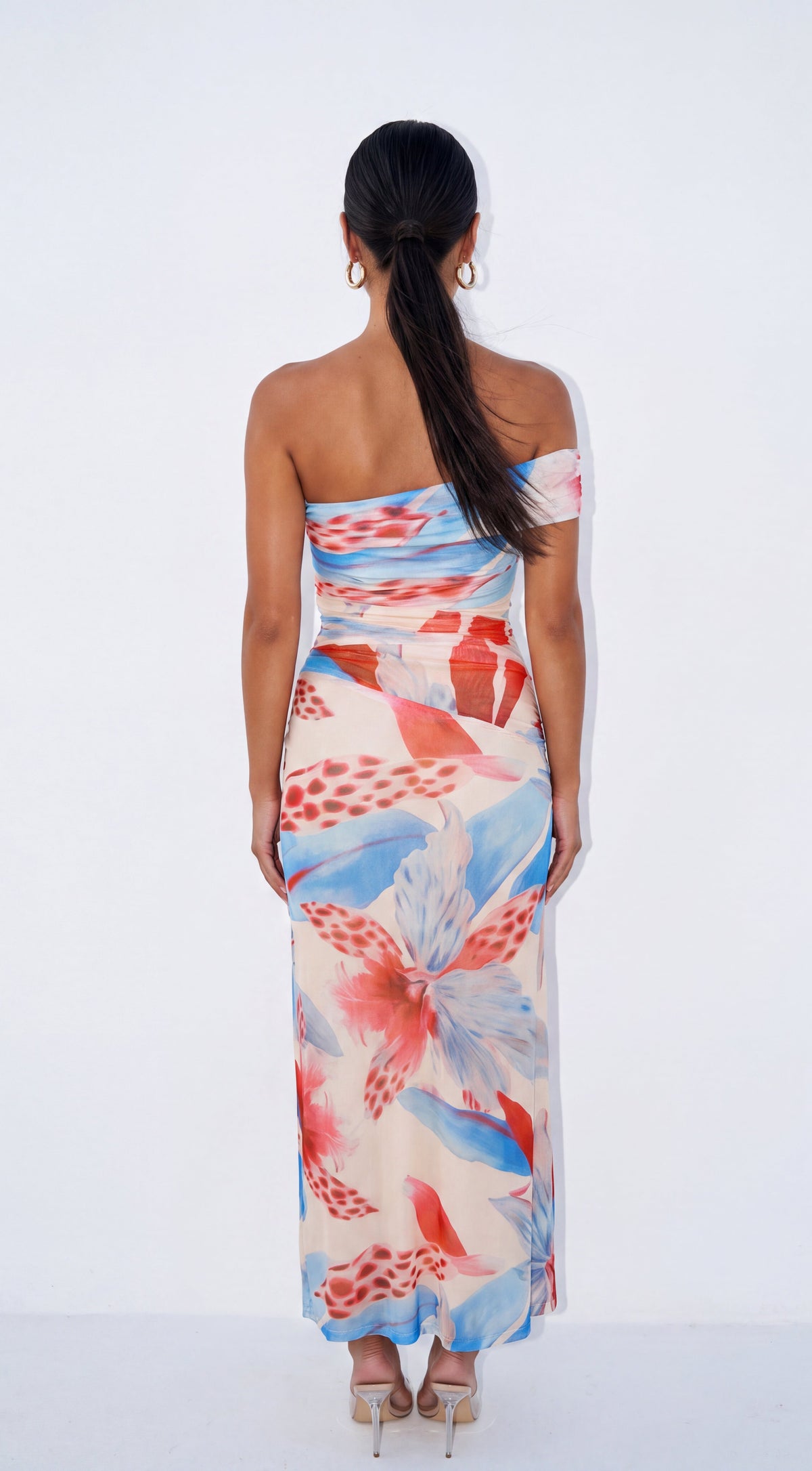 Beige Multi Floral One Shoulder Maxi Dress