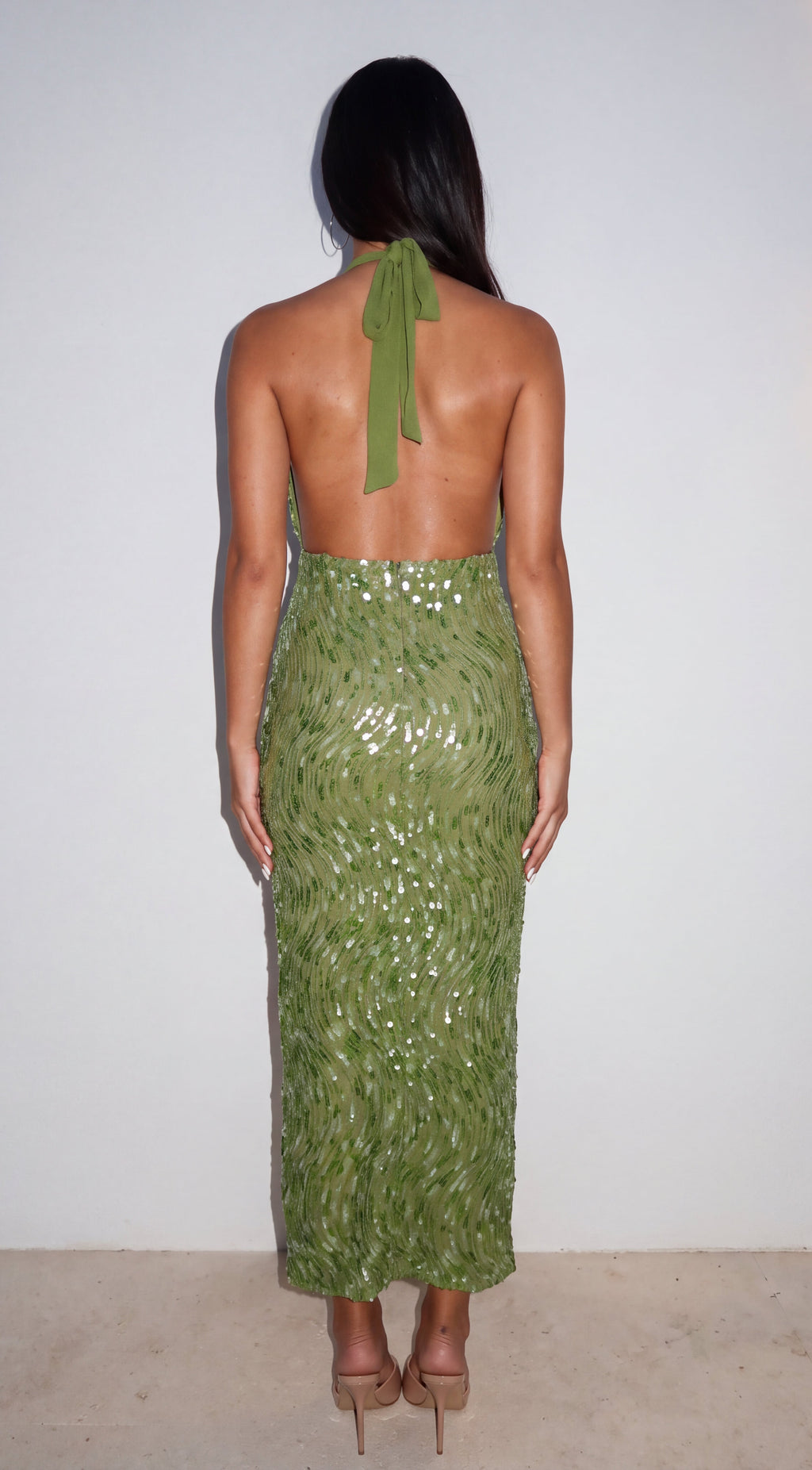 Green Sequin Side Slit Maxi Dress