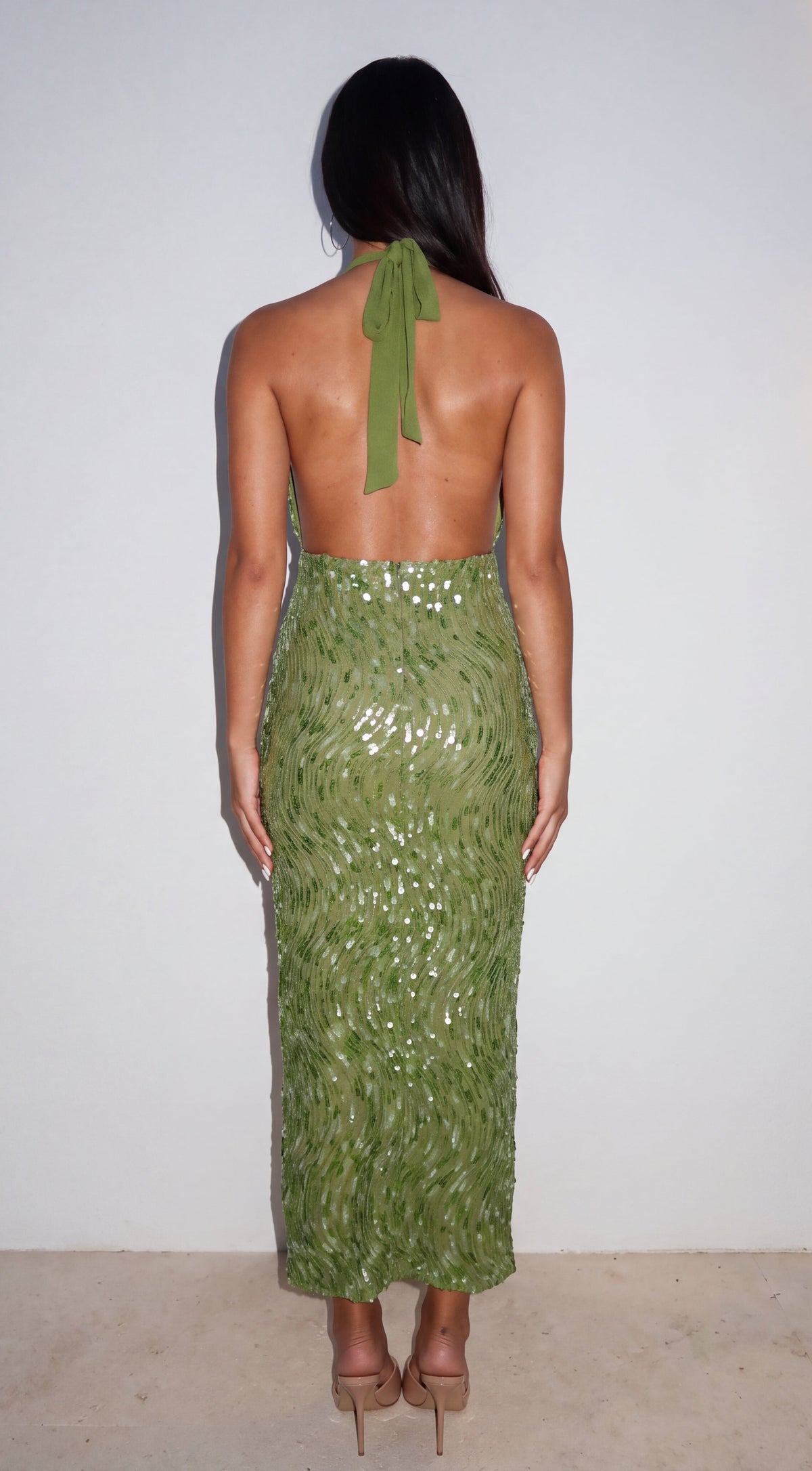 Green Sequin Side Slit Maxi Dress
