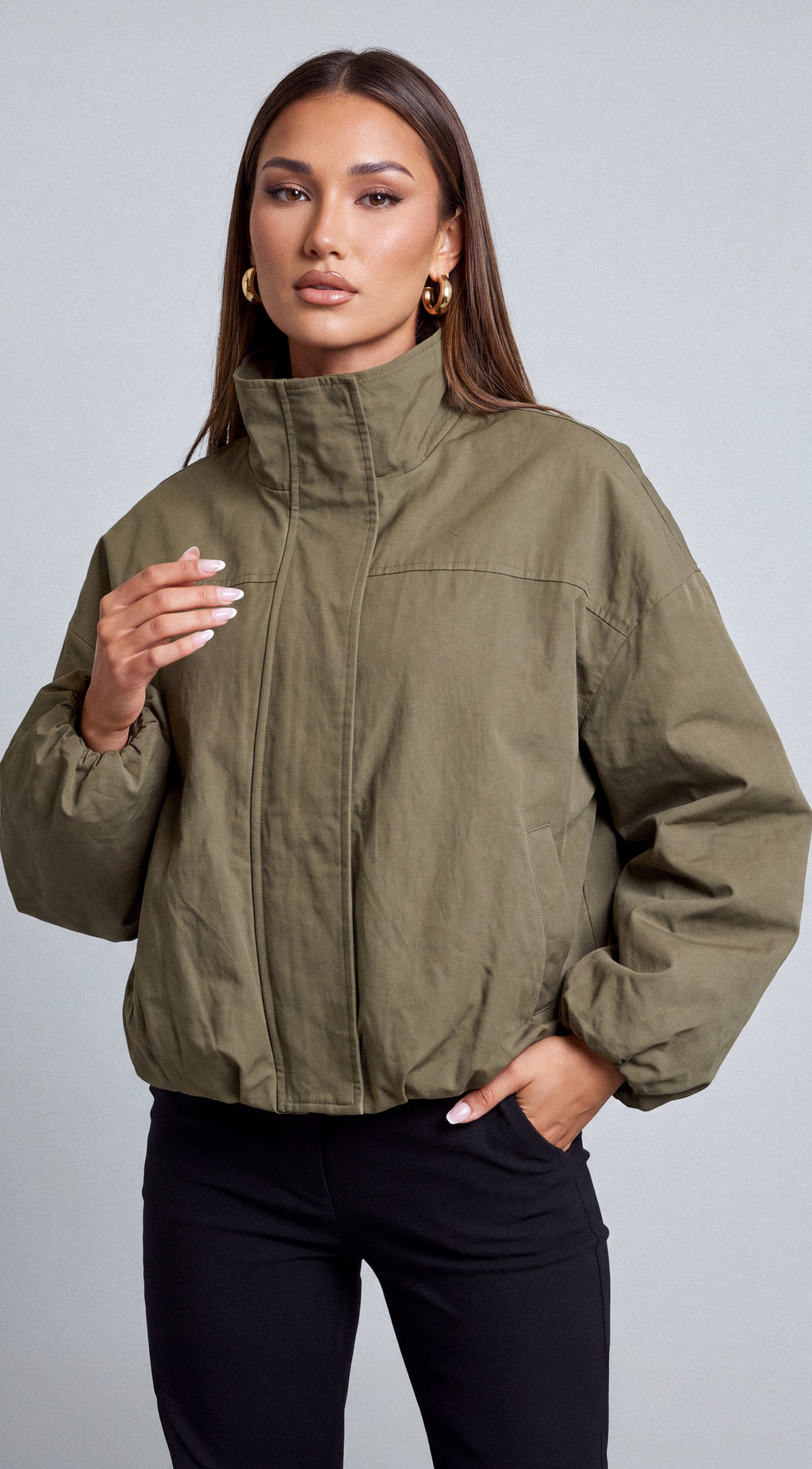 Olive Green Funnel Neck Balloon Jacket