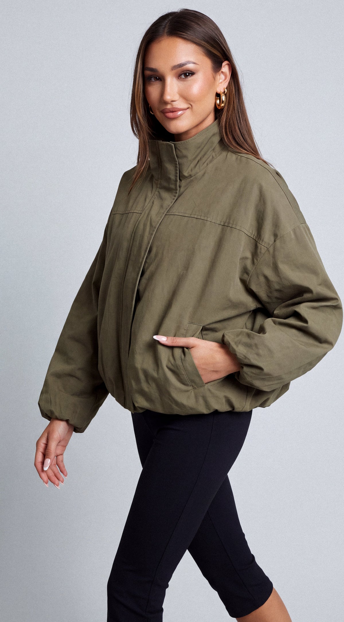 Olive Green Funnel Neck Balloon Jacket