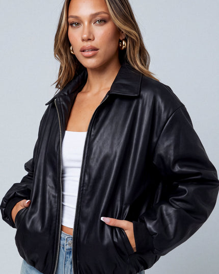 Black Faux Leather Puffer Bomber Jacket