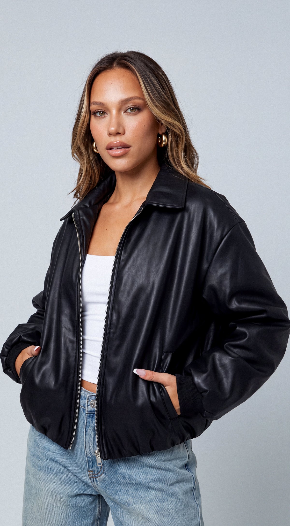 Black Faux Leather Puffer Bomber Jacket
