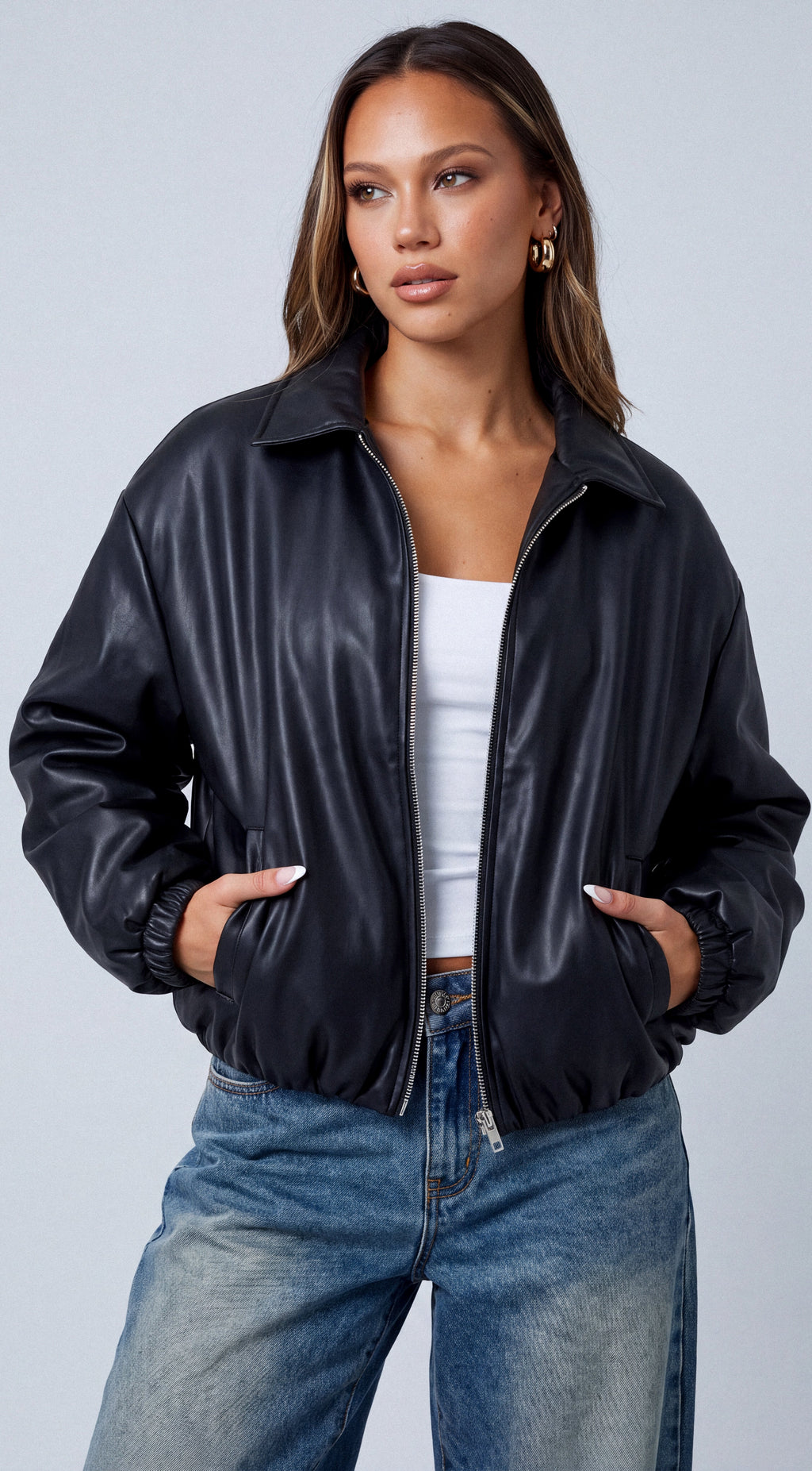 Black Faux Leather Puffer Bomber Jacket