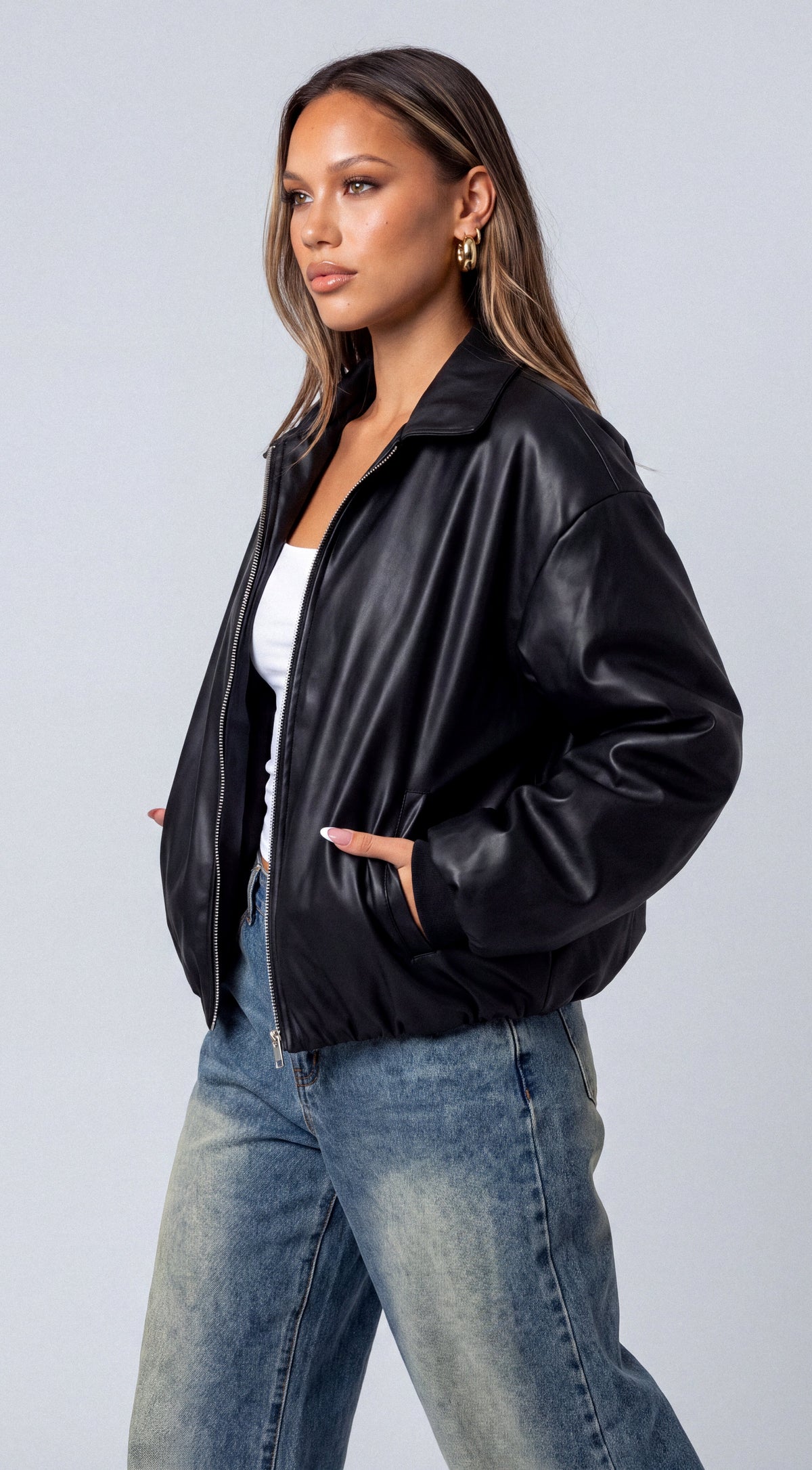 Black Faux Leather Puffer Bomber Jacket
