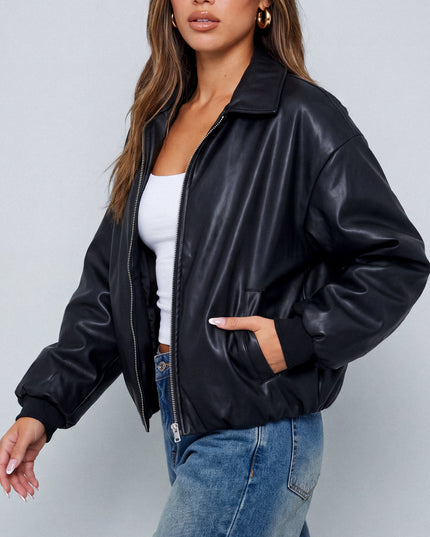 Black Faux Leather Puffer Bomber Jacket