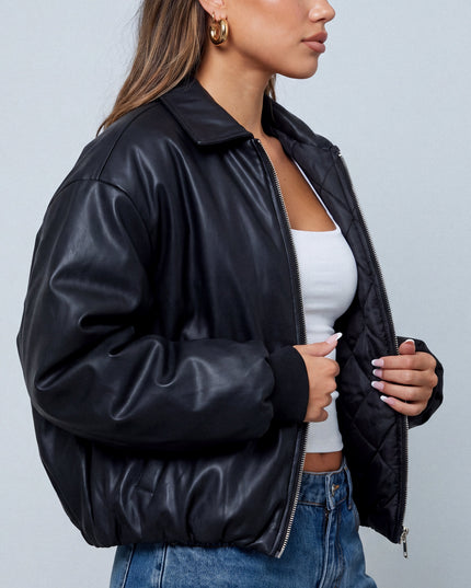 Black Faux Leather Puffer Bomber Jacket