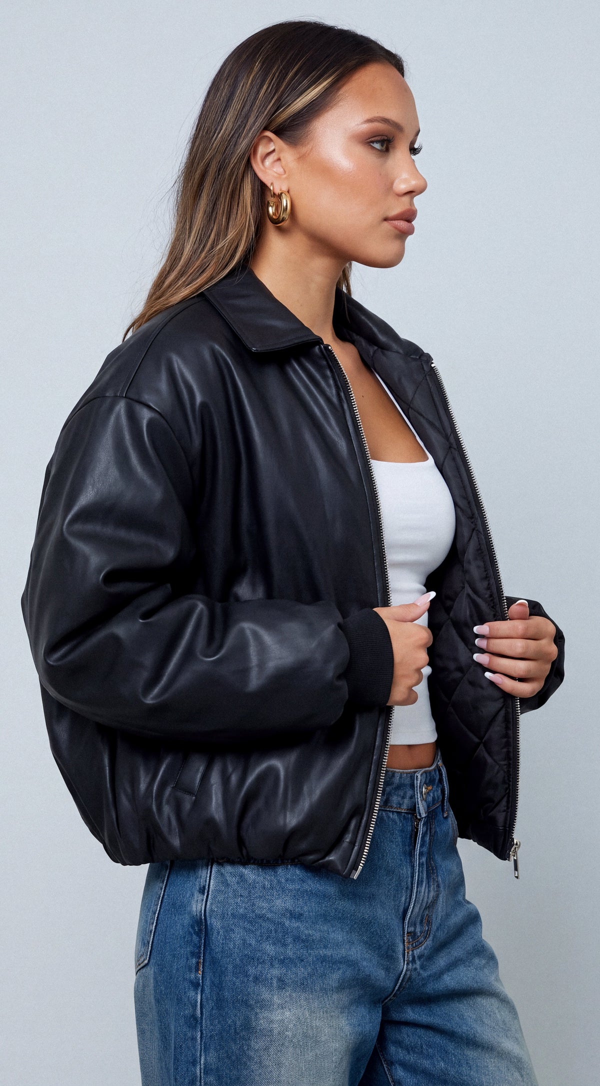 Black Faux Leather Puffer Bomber Jacket