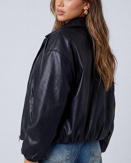 Black Faux Leather Puffer Bomber Jacket
