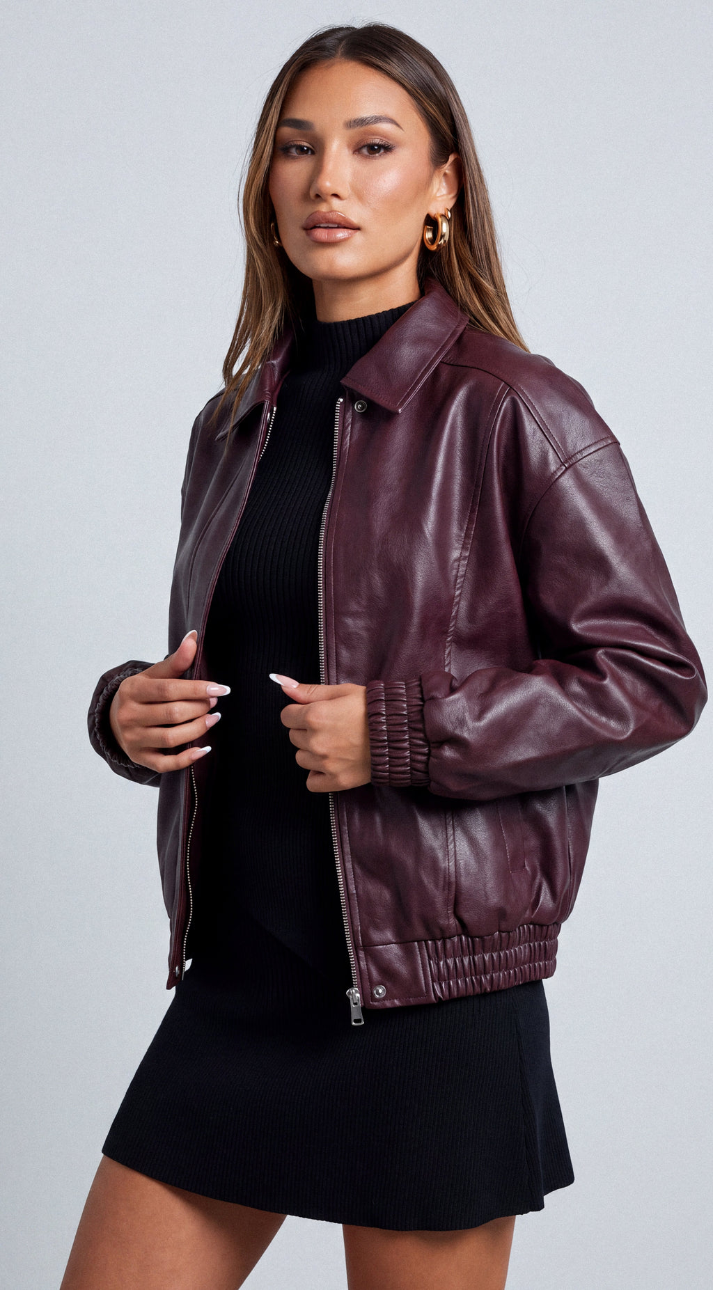 Burgundy Faux Leather Bomber Jacket