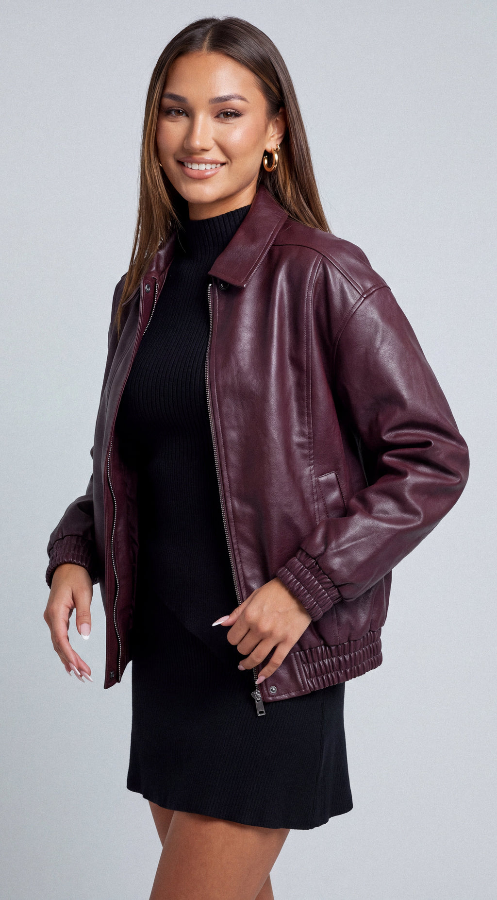 Burgundy Faux Leather Bomber Jacket