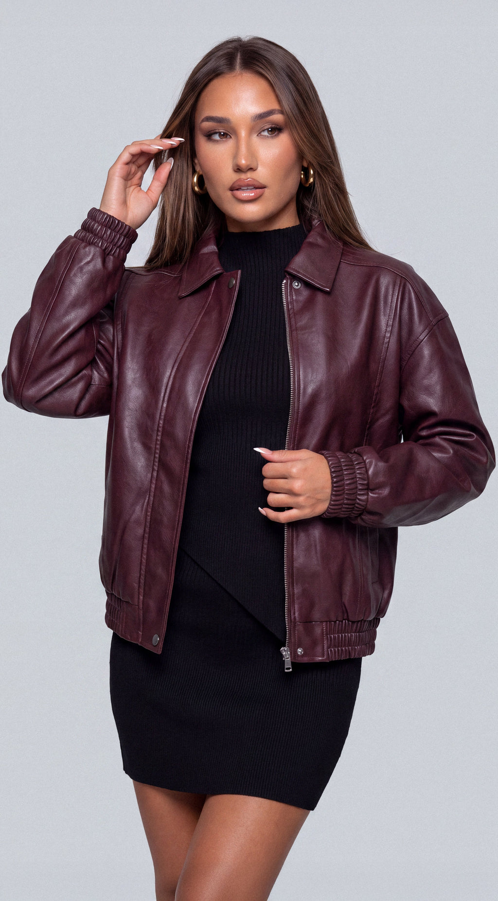 Burgundy Faux Leather Bomber Jacket