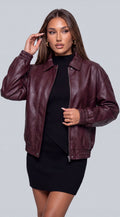 Burgundy Faux Leather Bomber Jacket