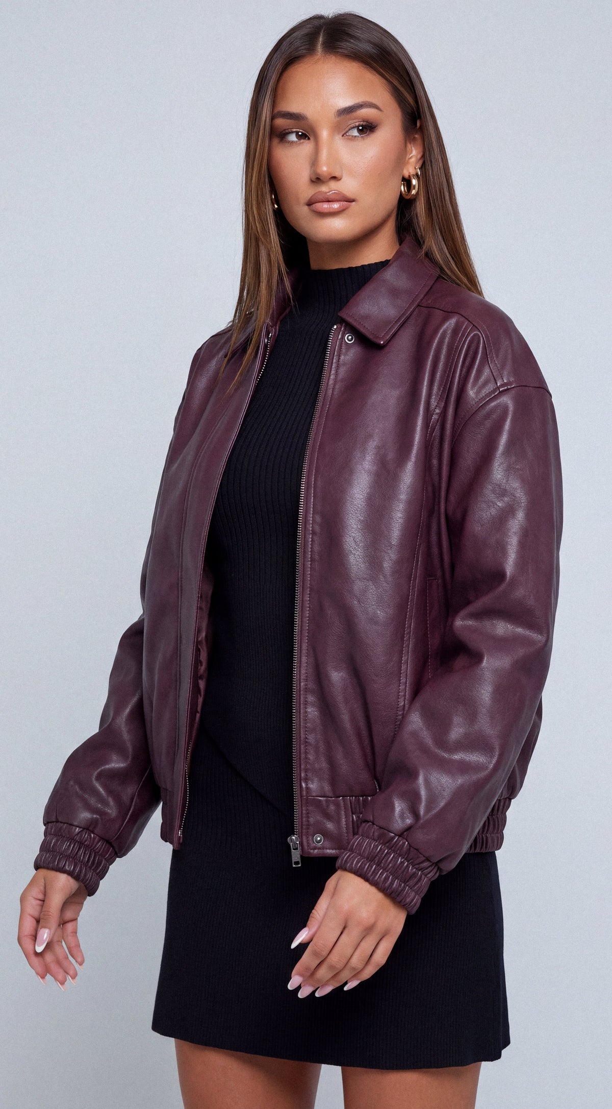 Burgundy Faux Leather Bomber Jacket