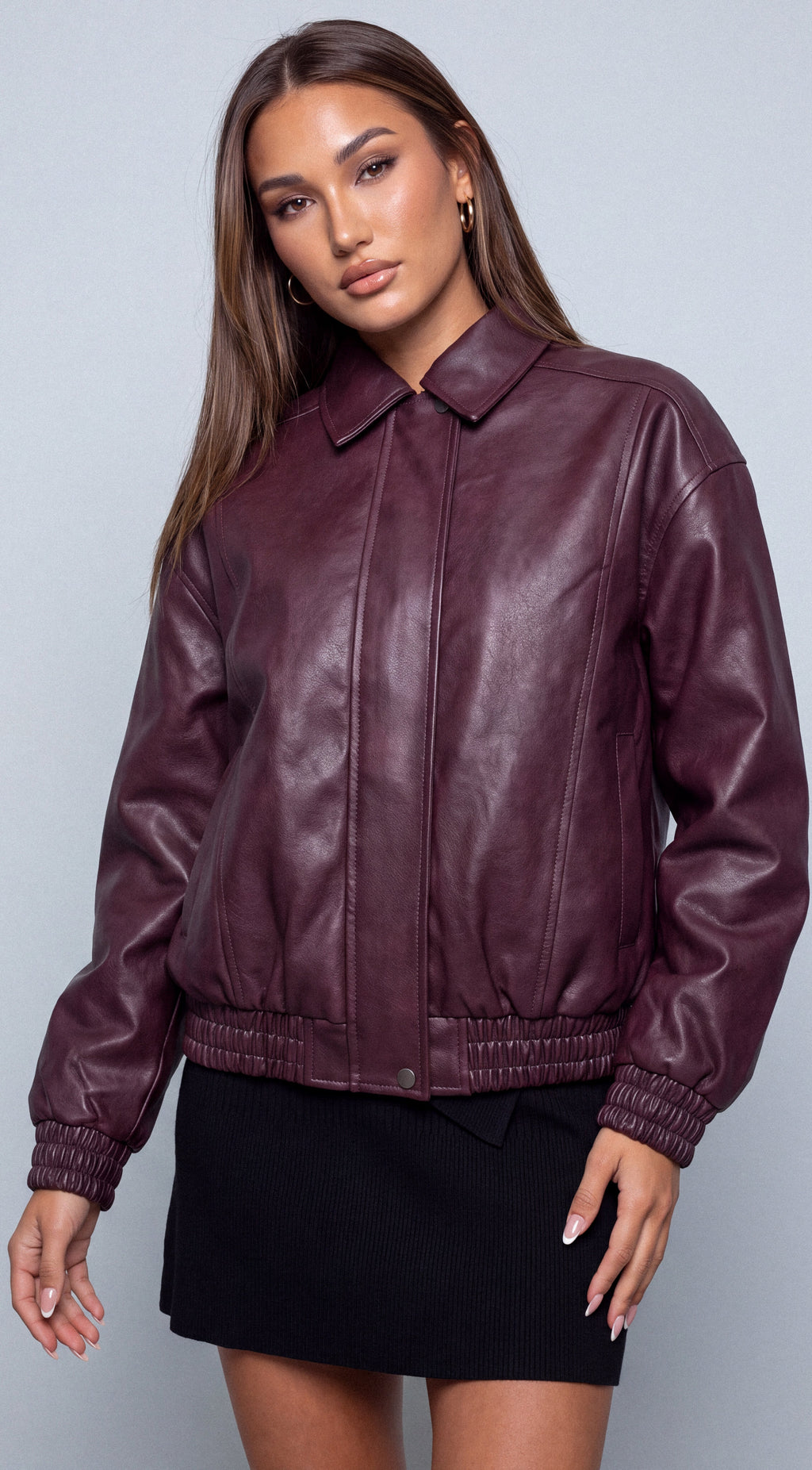 Burgundy Faux Leather Bomber Jacket