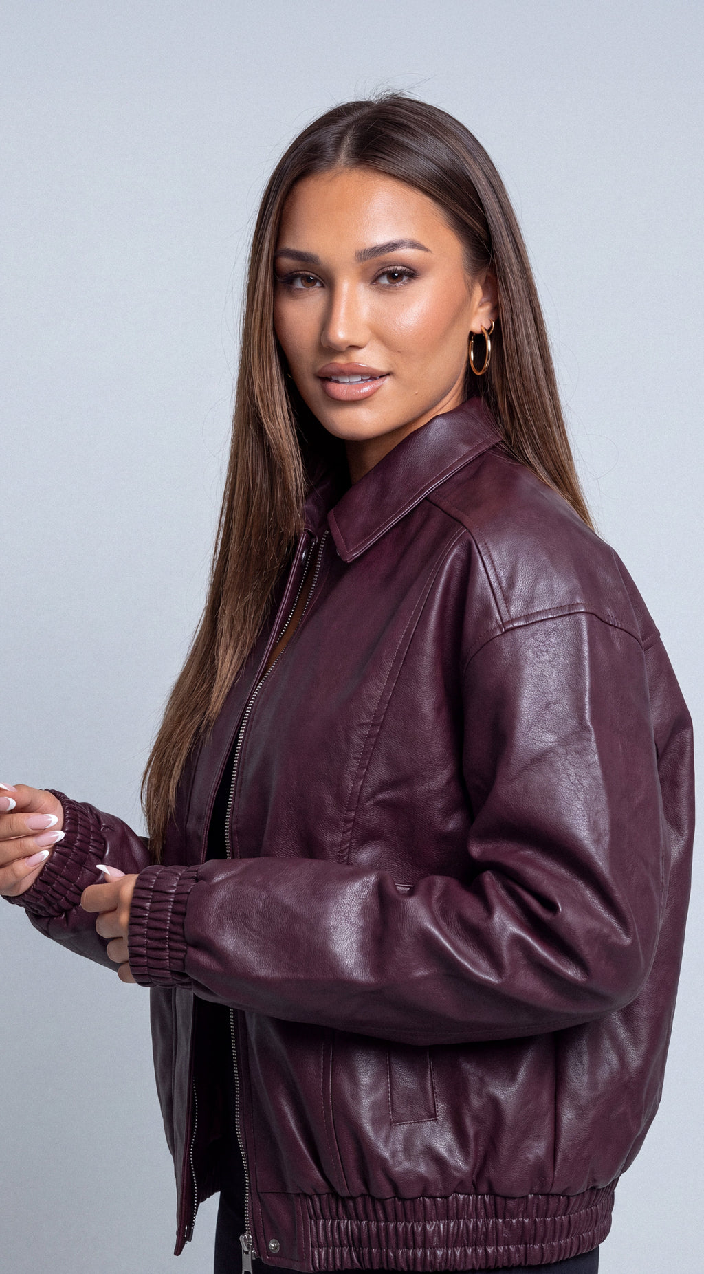 Burgundy Faux Leather Bomber Jacket