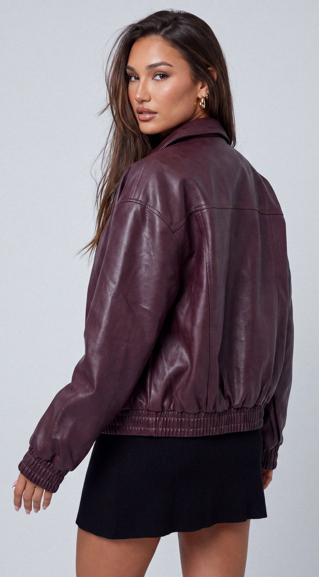Burgundy Faux Leather Bomber Jacket
