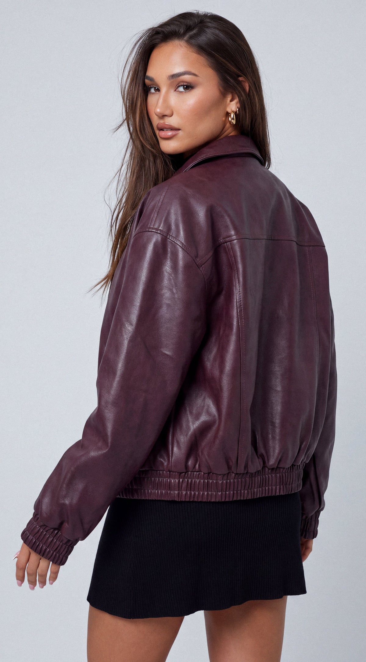 Burgundy Faux Leather Bomber Jacket