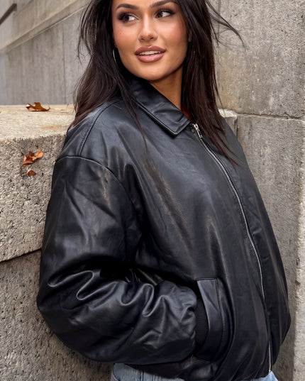 Black Faux Leather Puffer Bomber Jacket