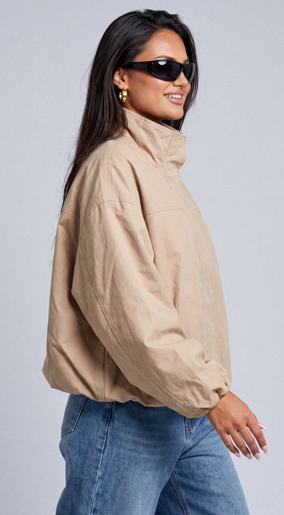 Beige Funnel Neck Balloon Jacket