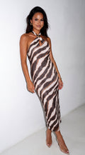 Ivory Multi Zebra Mesh Halter Maxi Dress