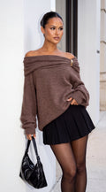 Brown Draped Off Shoulder Oversized Sweater