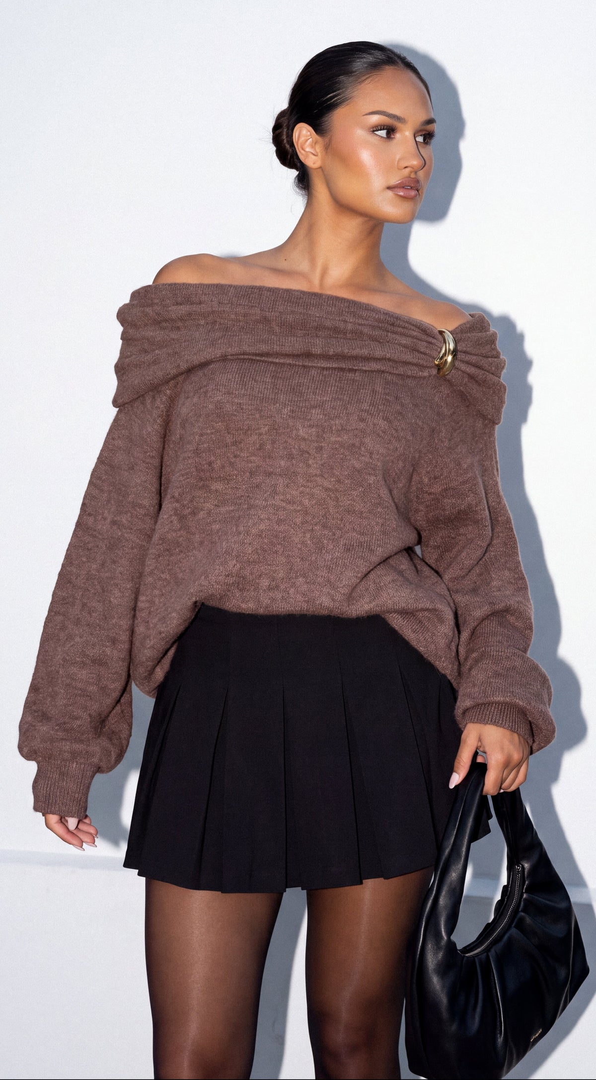 Brown Draped Off Shoulder Oversized Sweater
