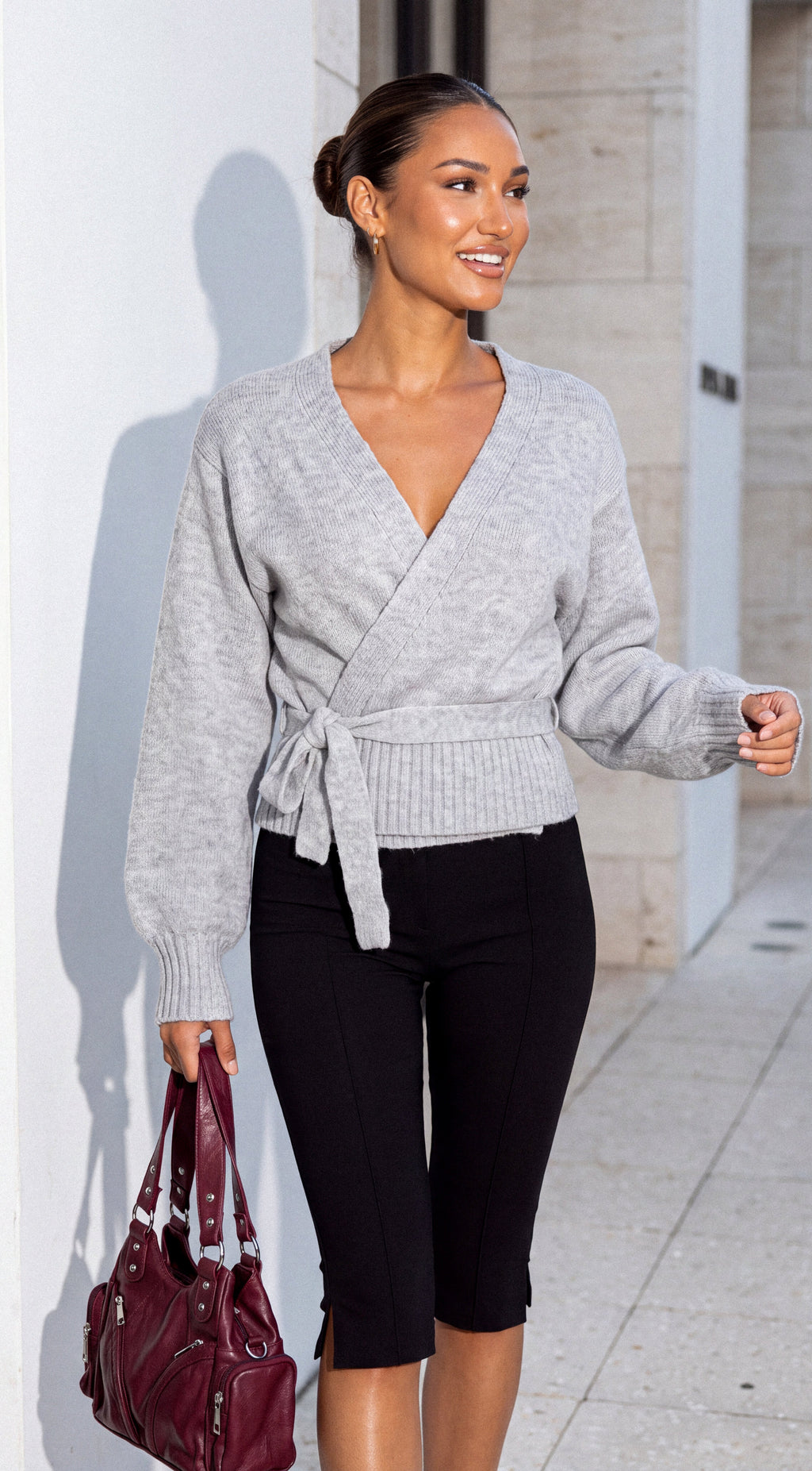 Gray Wrap Tie Knit Sweater