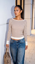 Beige Multi Stripe Boat Neck Sweater Top