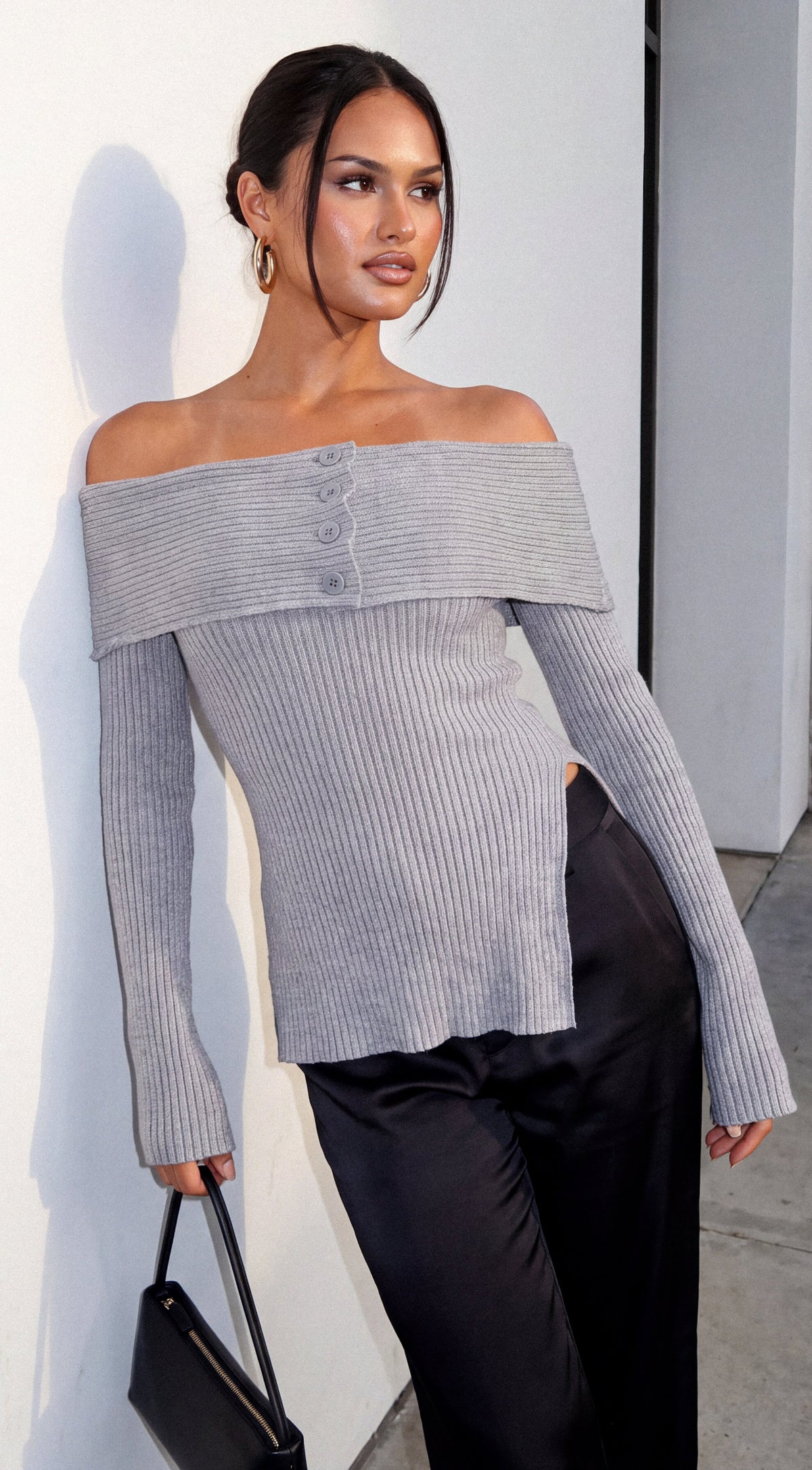 Gray Off Shoulder Ribbed Knit Sweater Top