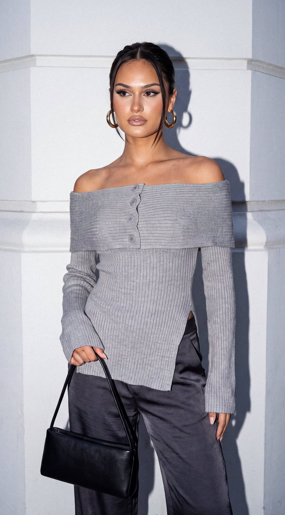 Gray Off Shoulder Ribbed Knit Sweater Top