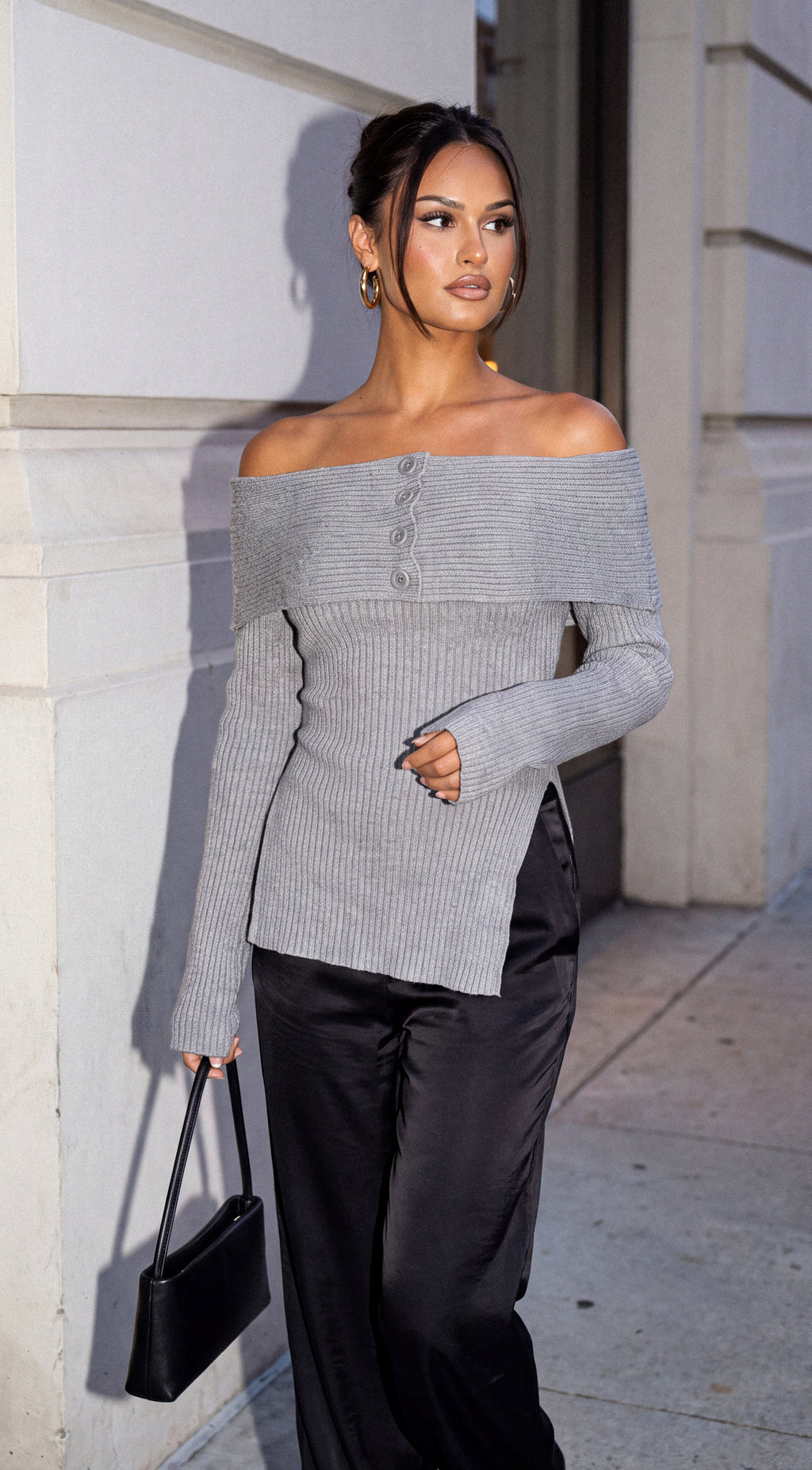 Gray Off Shoulder Ribbed Knit Sweater Top