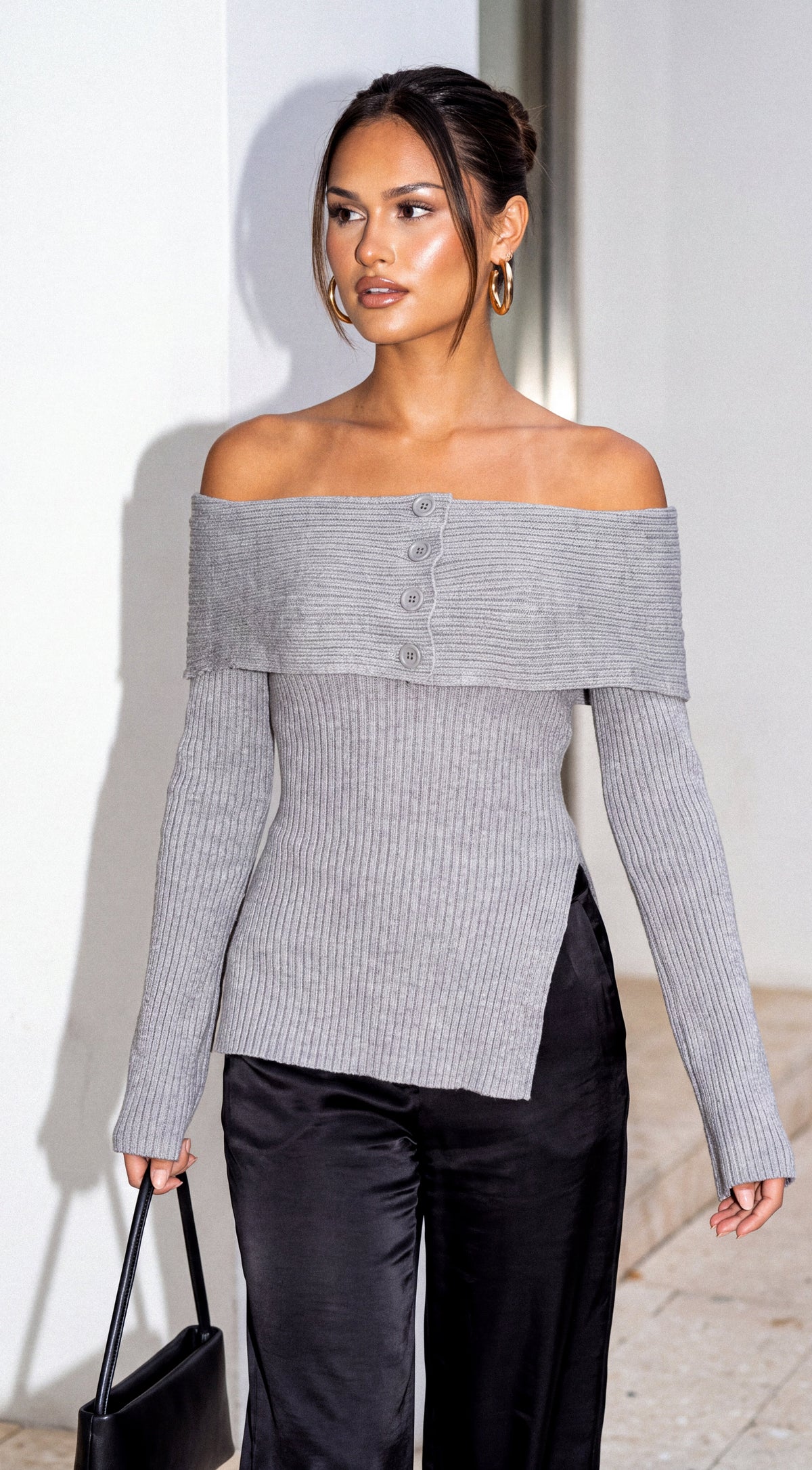 Gray Off Shoulder Ribbed Knit Sweater Top