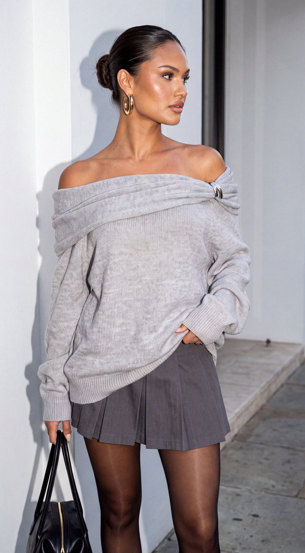 Gray Draped Off Shoulder Oversized Sweater