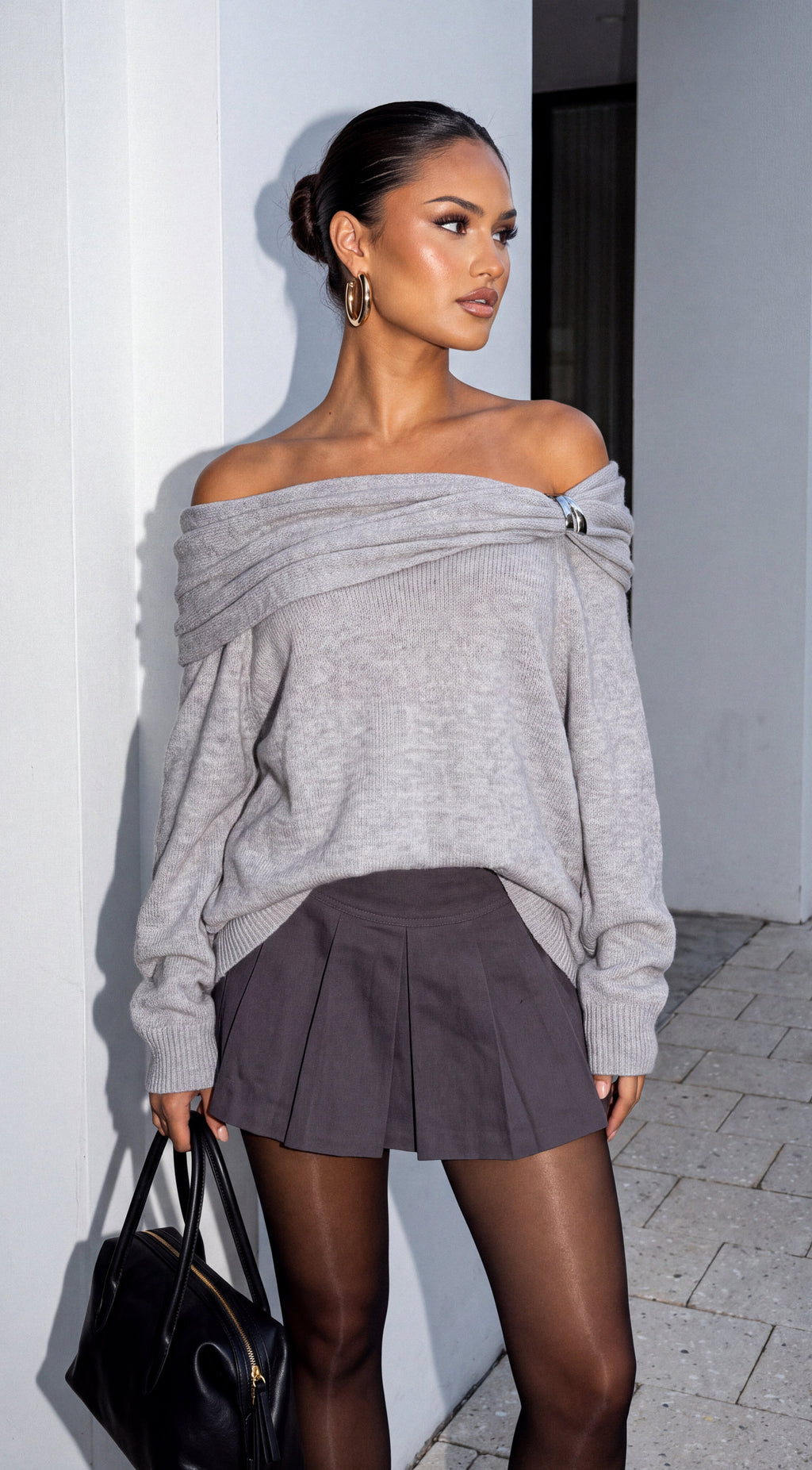 Gray Draped Off Shoulder Oversized Sweater