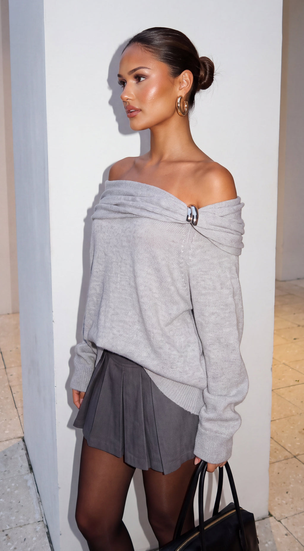 Gray Draped Off Shoulder Oversized Sweater