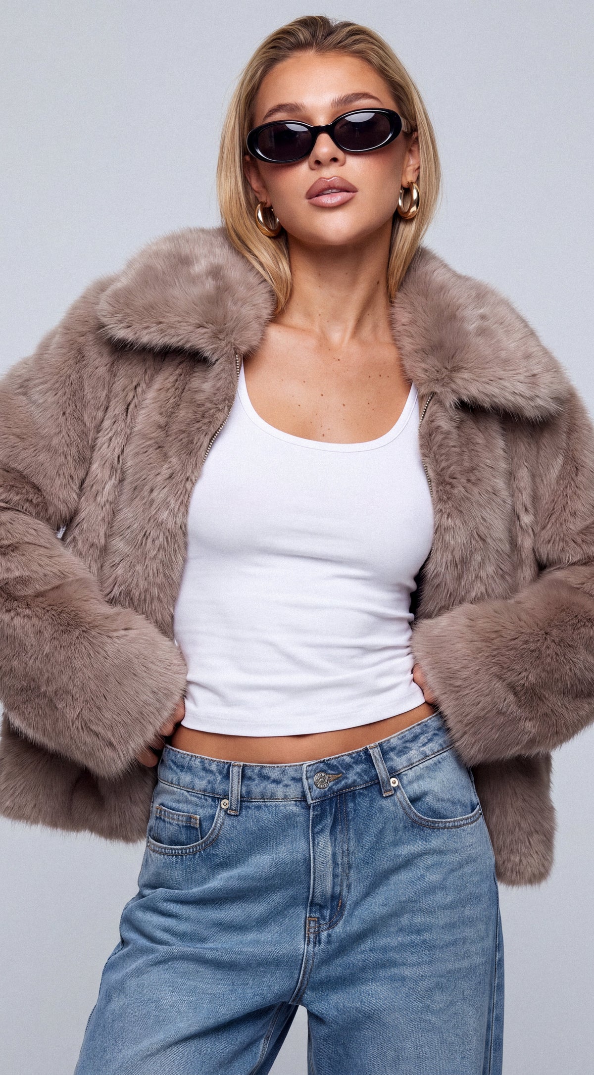Beige Faux Fur Zip Jacket