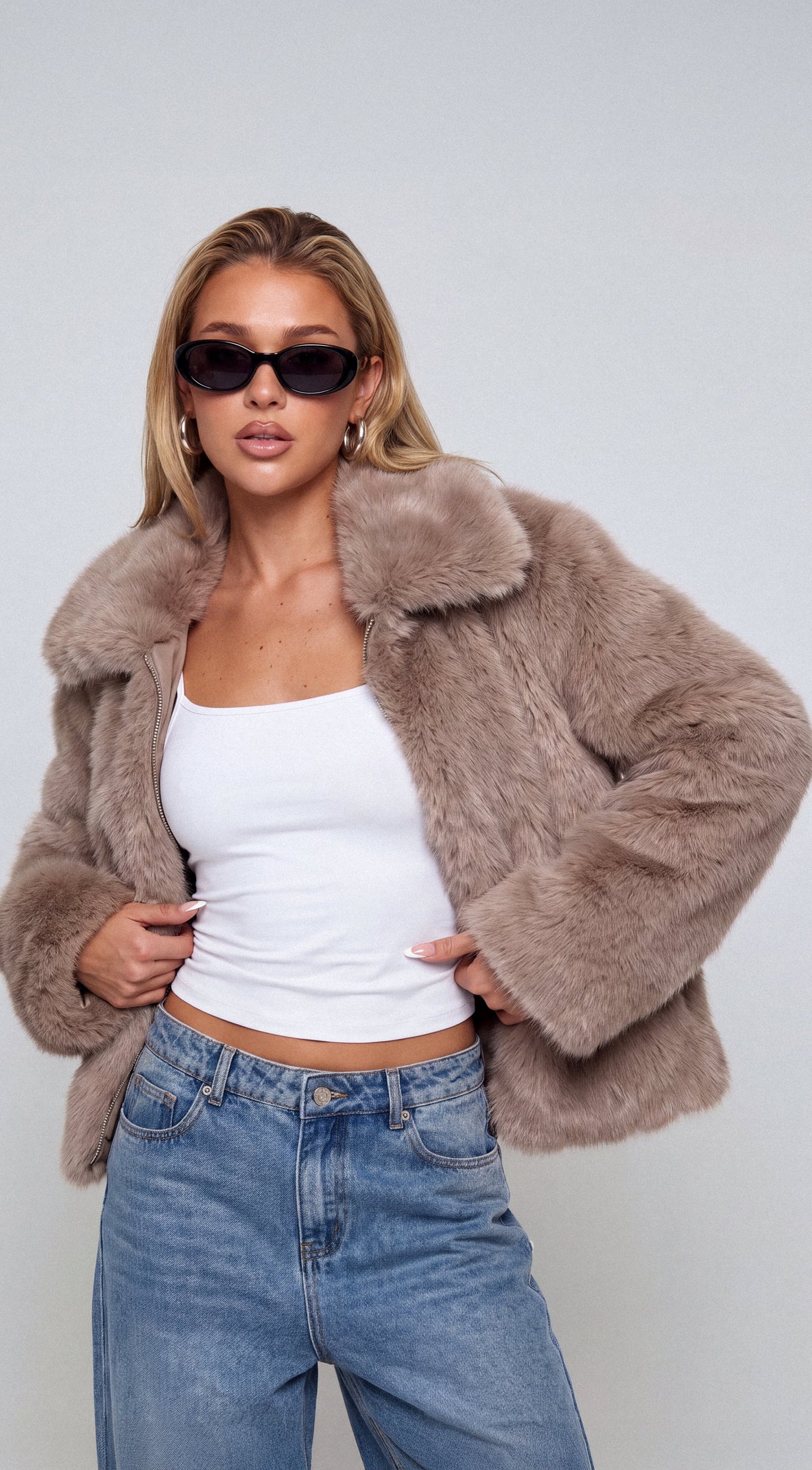 Beige Faux Fur Zip Jacket