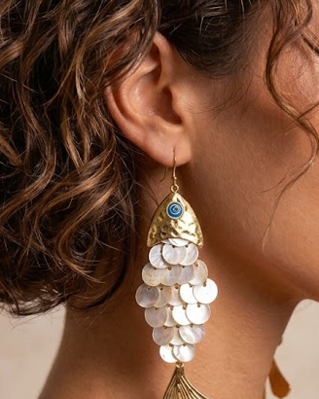 Beige Gold Fish Shell Drop Earrings